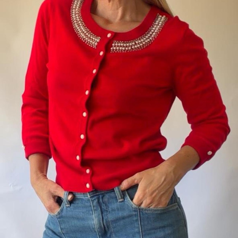Ellen Tracy Medium Red Holiday Cardigan Sweater Beaded 3/4 Sleeve